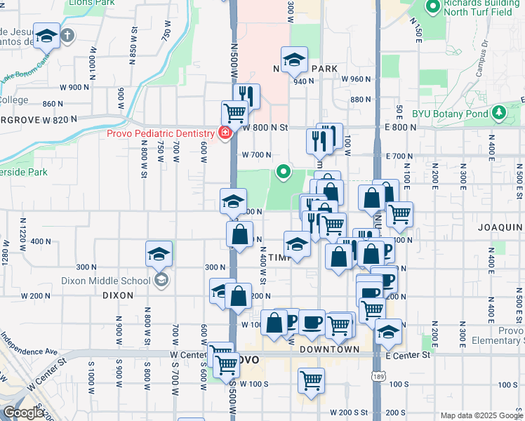 map of restaurants, bars, coffee shops, grocery stores, and more near 400 500 North in Provo