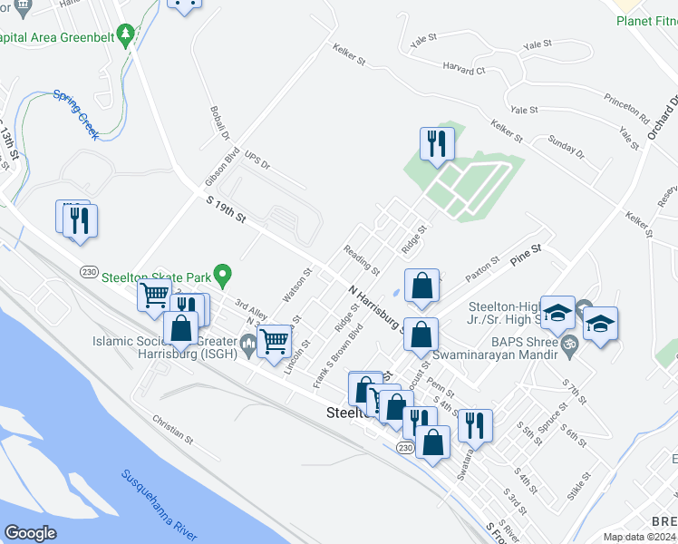 map of restaurants, bars, coffee shops, grocery stores, and more near 305 Bessemer Street in Steelton