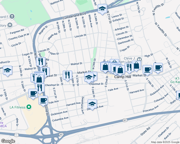map of restaurants, bars, coffee shops, grocery stores, and more near 2501 Market Street in Camp Hill