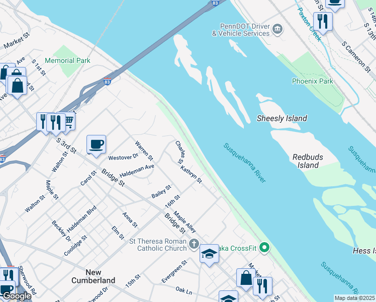 map of restaurants, bars, coffee shops, grocery stores, and more near 1707 Charles Street in New Cumberland