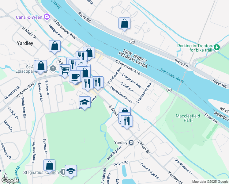 map of restaurants, bars, coffee shops, grocery stores, and more near 115 Pennsylvania Avenue in Yardley