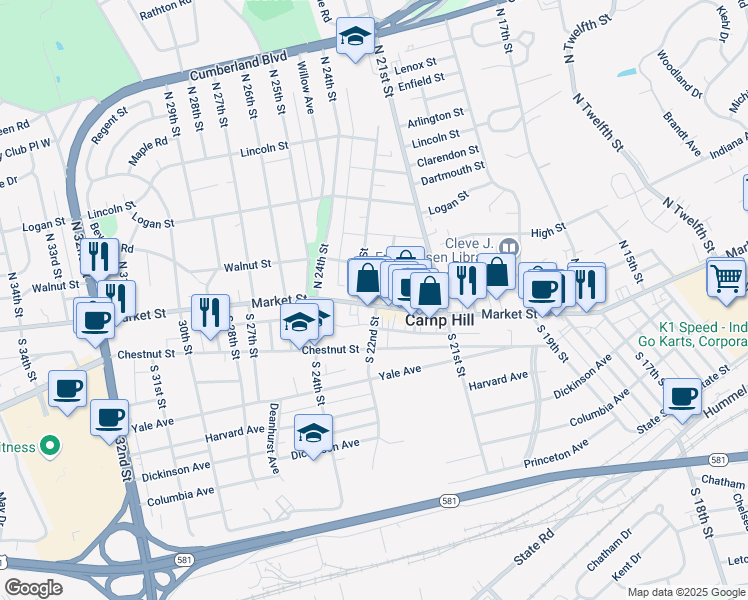 map of restaurants, bars, coffee shops, grocery stores, and more near 2204 Market Street in Camp Hill
