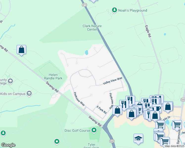 map of restaurants, bars, coffee shops, grocery stores, and more near 601 Parkview Way in Newtown