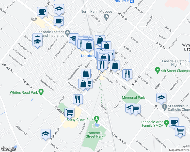 map of restaurants, bars, coffee shops, grocery stores, and more near 100 South Broad Street in Lansdale