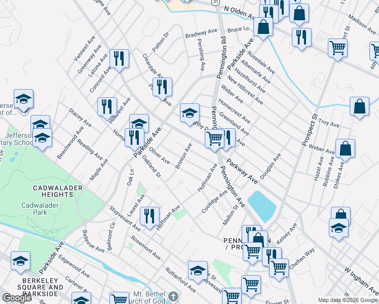 map of restaurants, bars, coffee shops, grocery stores, and more near 102 Brinton Avenue in Trenton