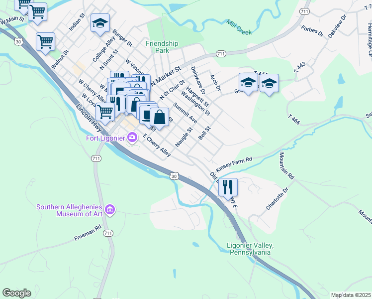 map of restaurants, bars, coffee shops, grocery stores, and more near 332 East Main Street in Ligonier