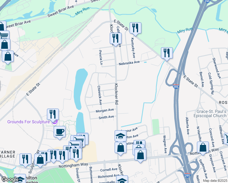 map of restaurants, bars, coffee shops, grocery stores, and more near 541 Klockner Road in Hamilton Township