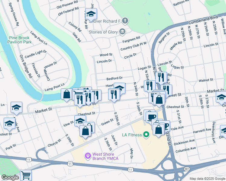 map of restaurants, bars, coffee shops, grocery stores, and more near 3450 Walnut Street in Camp Hill