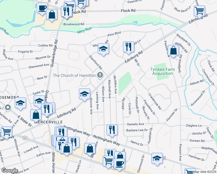 map of restaurants, bars, coffee shops, grocery stores, and more near 45 Marshall Avenue in Hamilton Township