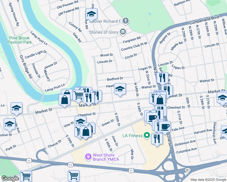 map of restaurants, bars, coffee shops, grocery stores, and more near 3450 Walnut Street in Camp Hill