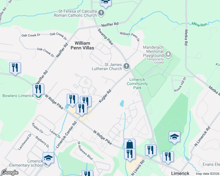 map of restaurants, bars, coffee shops, grocery stores, and more near 65 Kugler Road in Royersford
