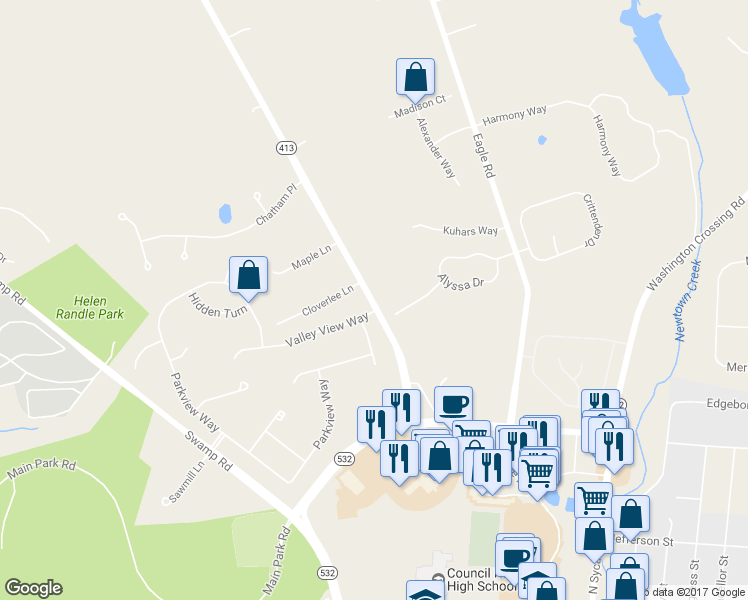 map of restaurants, bars, coffee shops, grocery stores, and more near 148 Durham Road in Newtown