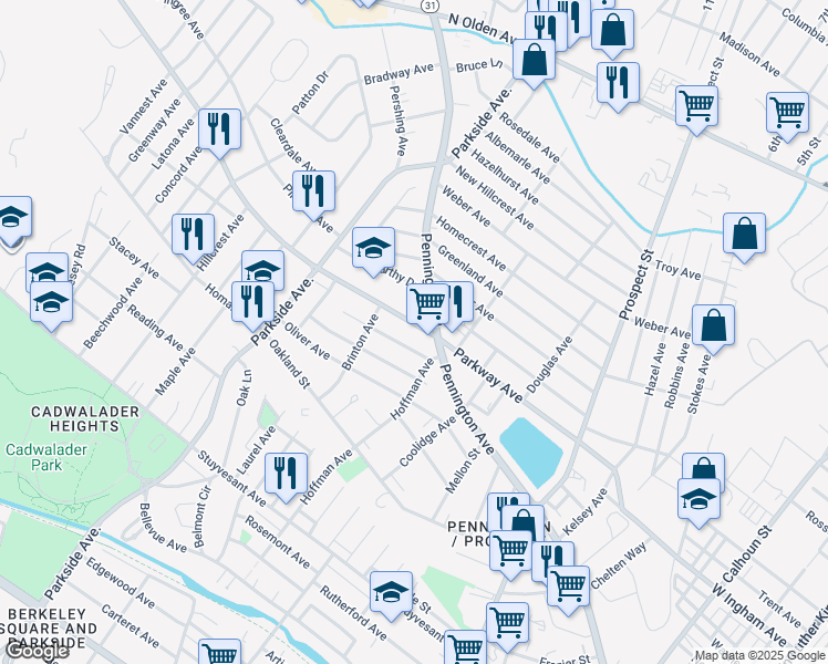 map of restaurants, bars, coffee shops, grocery stores, and more near 333 Parkway Avenue in Trenton