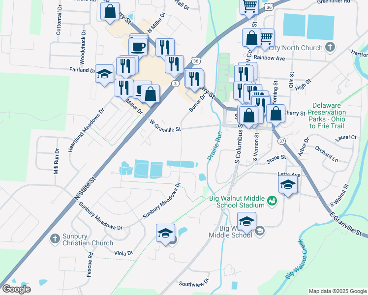 map of restaurants, bars, coffee shops, grocery stores, and more near 340 Frontier Way in Sunbury
