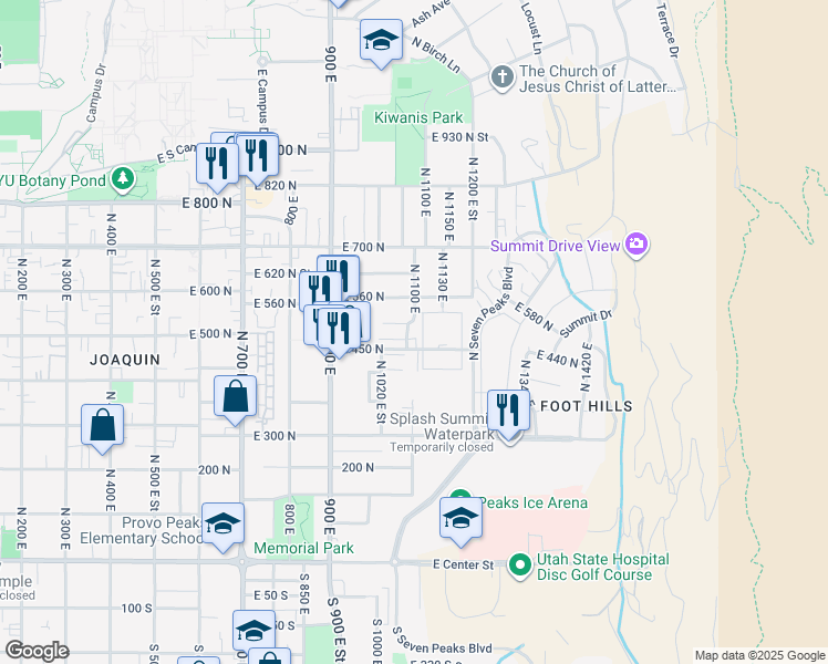 map of restaurants, bars, coffee shops, grocery stores, and more near 482 North 1100 East in Provo