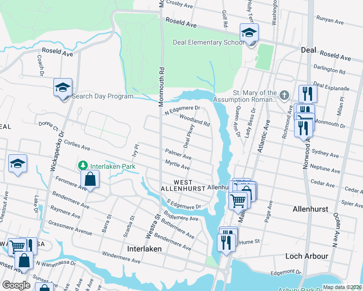 map of restaurants, bars, coffee shops, grocery stores, and more near 520 Wildwood Road in Allenhurst