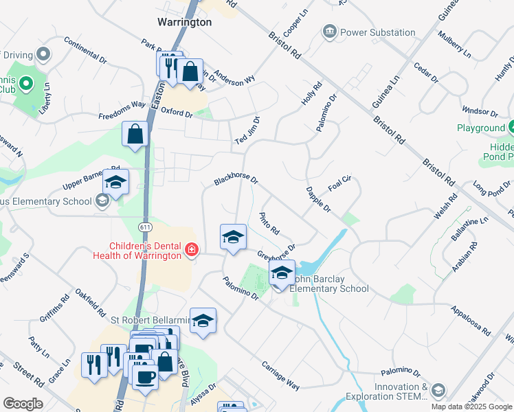 map of restaurants, bars, coffee shops, grocery stores, and more near 2144 Pinto Road in Warrington