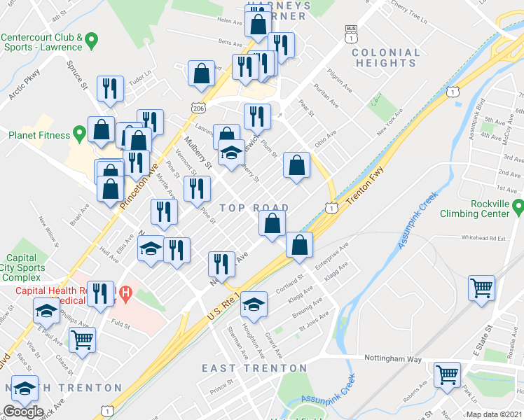 map of restaurants, bars, coffee shops, grocery stores, and more near 1010 Pennsylvania Avenue in Trenton