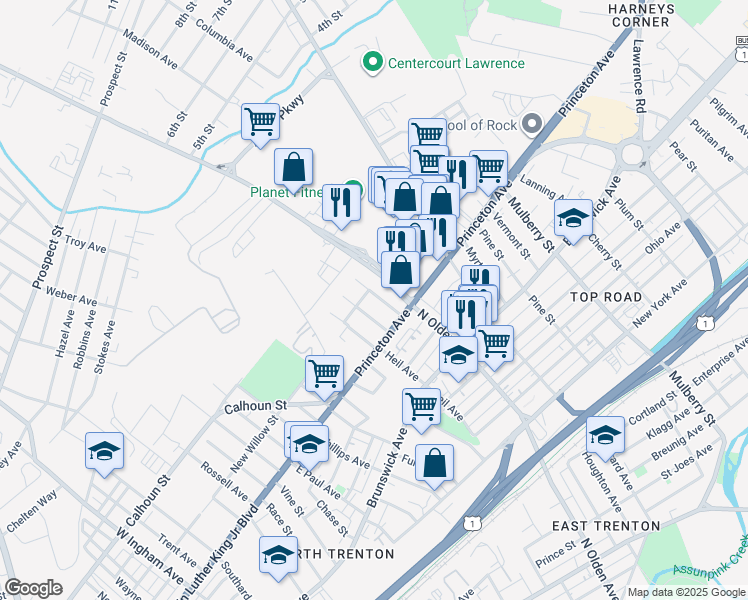 map of restaurants, bars, coffee shops, grocery stores, and more near 1443 North Olden Avenue in Ewing Township