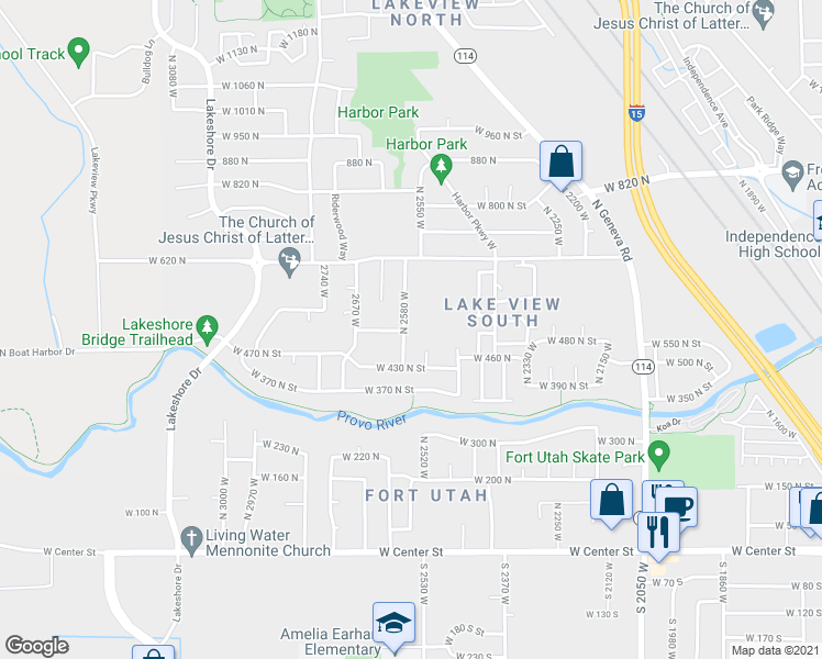 map of restaurants, bars, coffee shops, grocery stores, and more near 498 North 2580 West in Provo