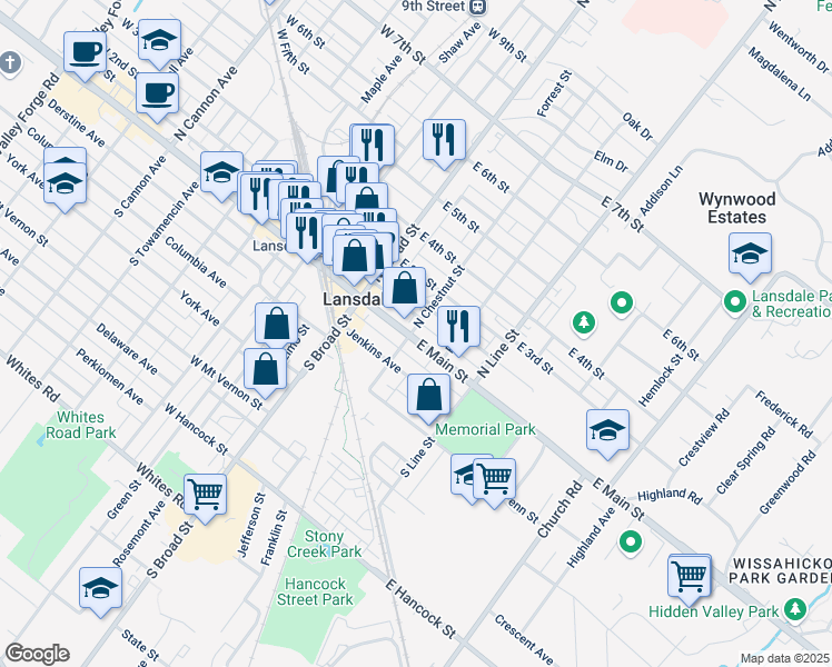 map of restaurants, bars, coffee shops, grocery stores, and more near 54 Pennsylvania 63 in Lansdale
