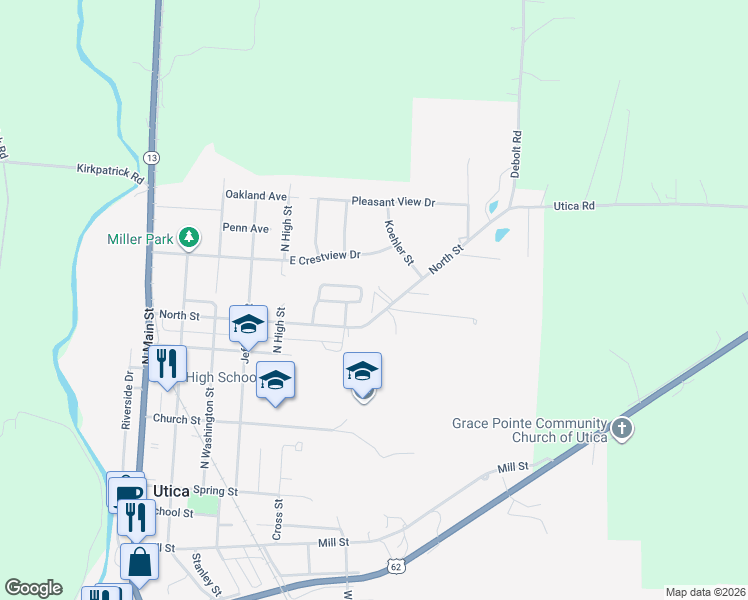 map of restaurants, bars, coffee shops, grocery stores, and more near 16 Greenbriar Drive in Utica
