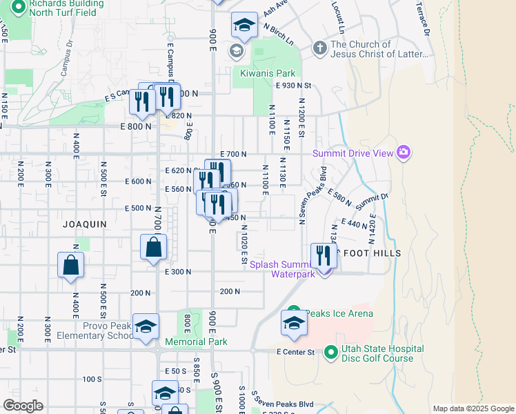 map of restaurants, bars, coffee shops, grocery stores, and more near 487 North 1100 East in Provo
