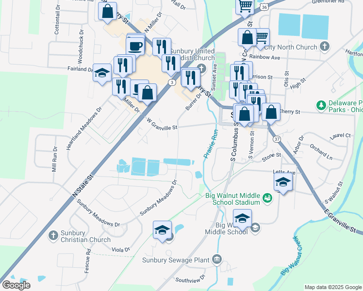map of restaurants, bars, coffee shops, grocery stores, and more near 340 Frontier Way in Sunbury
