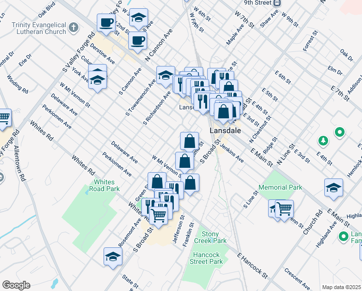 map of restaurants, bars, coffee shops, grocery stores, and more near 137 Green Street in Lansdale