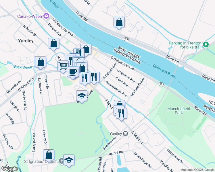 map of restaurants, bars, coffee shops, grocery stores, and more near 115 Pennsylvania Avenue in Yardley