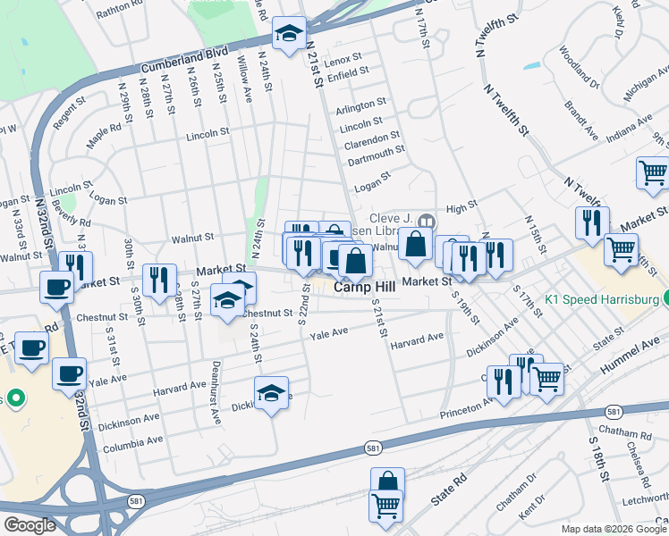 map of restaurants, bars, coffee shops, grocery stores, and more near 2136 Market Street in Camp Hill