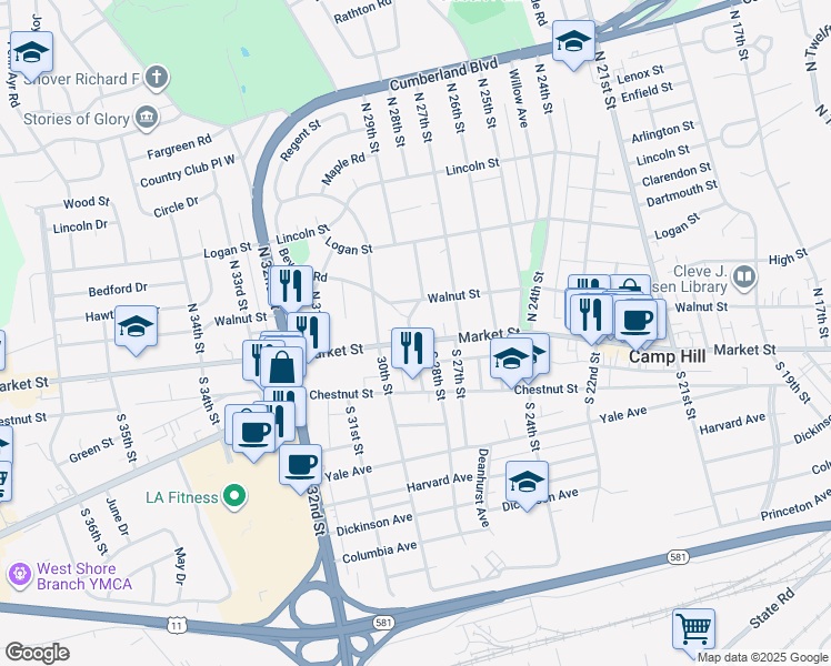 map of restaurants, bars, coffee shops, grocery stores, and more near 2724 Market Street in Camp Hill
