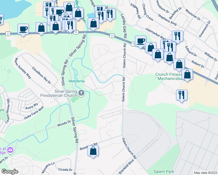 map of restaurants, bars, coffee shops, grocery stores, and more near 123 Salem Church Road in Mechanicsburg