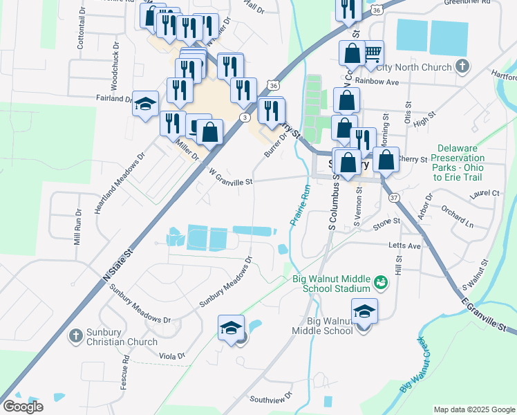 map of restaurants, bars, coffee shops, grocery stores, and more near 257 West Granville Street in Sunbury
