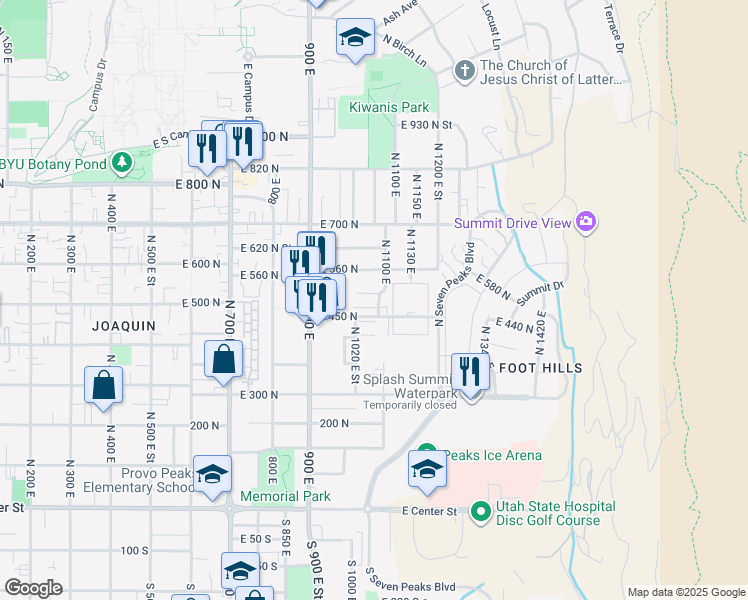 map of restaurants, bars, coffee shops, grocery stores, and more near 485 North 1100 East in Provo