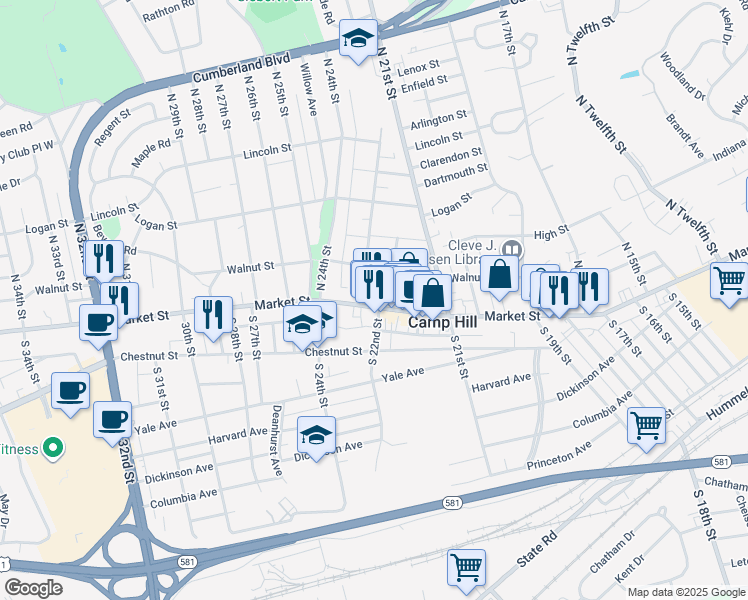 map of restaurants, bars, coffee shops, grocery stores, and more near 2208 Market Street in Camp Hill