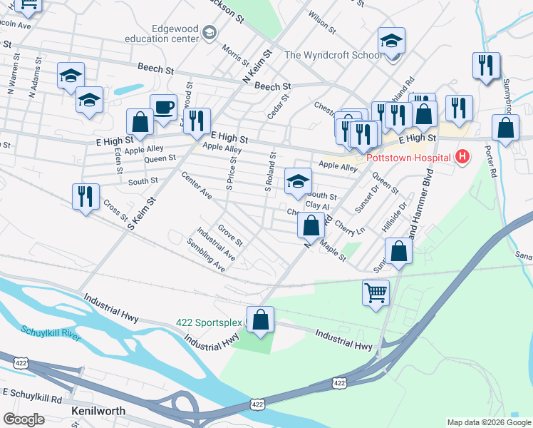 map of restaurants, bars, coffee shops, grocery stores, and more near 160 South Roland Street in Pottstown