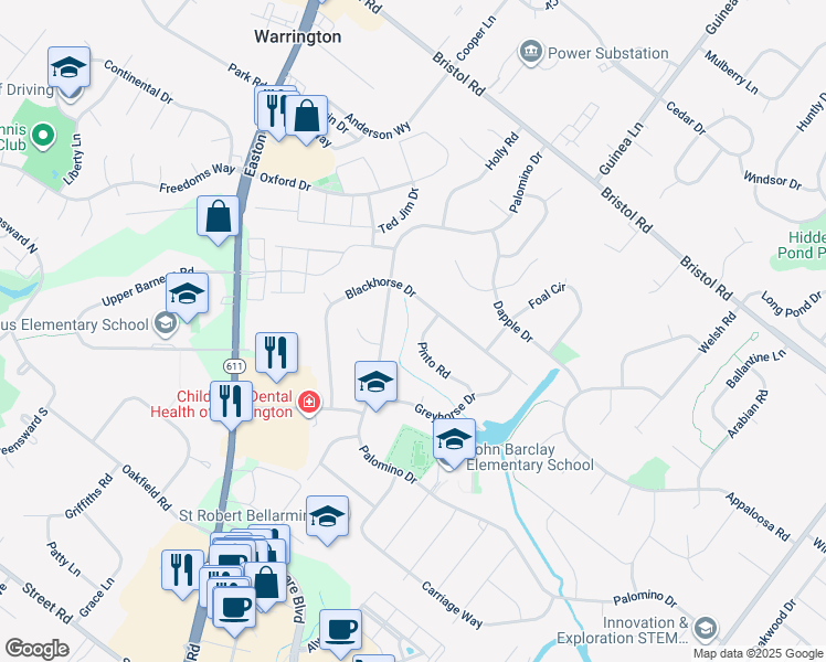 map of restaurants, bars, coffee shops, grocery stores, and more near 2144 Pinto Road in Warrington