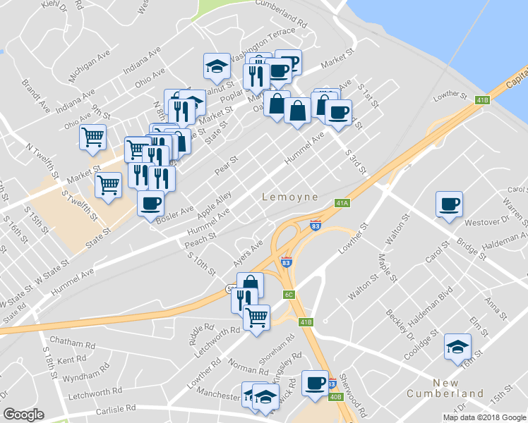 map of restaurants, bars, coffee shops, grocery stores, and more near 700 Herman Avenue in Lemoyne