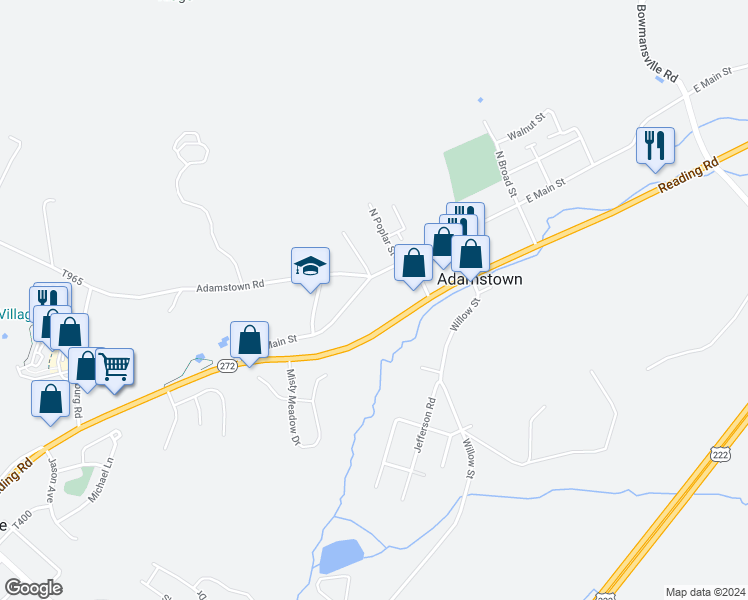 map of restaurants, bars, coffee shops, grocery stores, and more near 205 West Main Street in Adamstown
