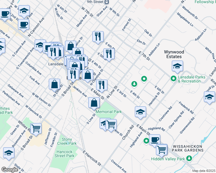 map of restaurants, bars, coffee shops, grocery stores, and more near 204 East 3rd Street in Lansdale