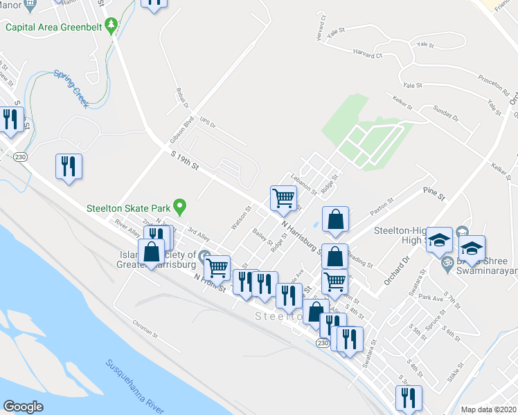 map of restaurants, bars, coffee shops, grocery stores, and more near 1820 North Harrisburg Street in Steelton
