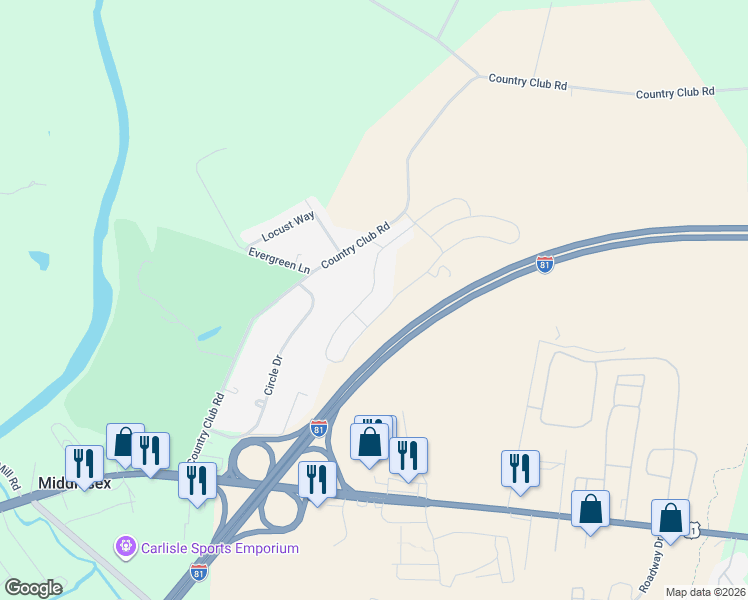 map of restaurants, bars, coffee shops, grocery stores, and more near 107 Country Club Road in Carlisle