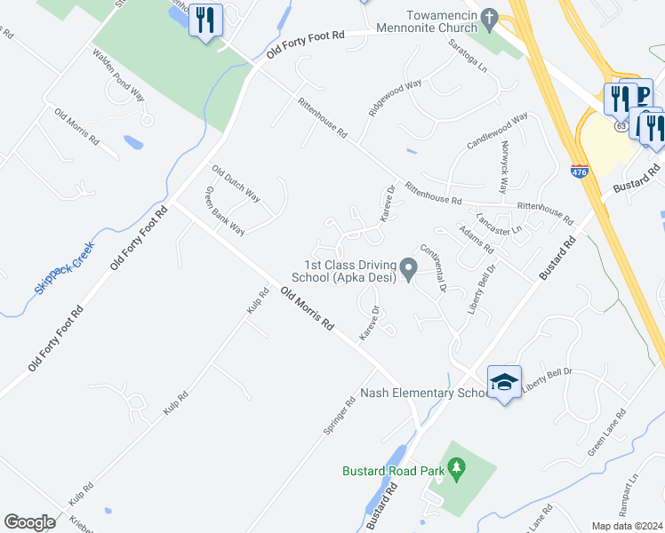 map of restaurants, bars, coffee shops, grocery stores, and more near 572 Harrington Court in Harleysville