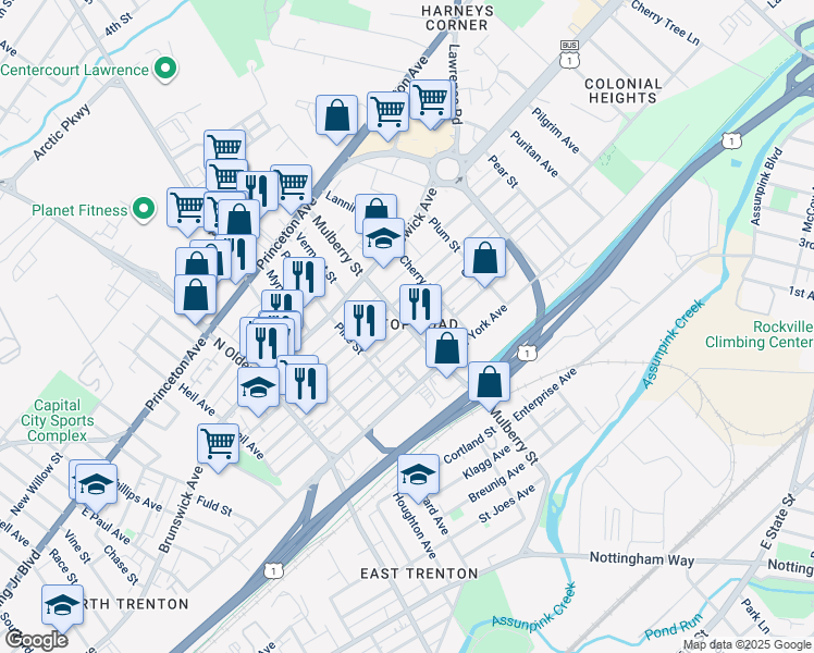 map of restaurants, bars, coffee shops, grocery stores, and more near Mulberry Street & Ohio Avenue in Trenton