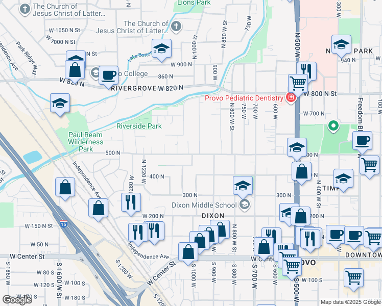 map of restaurants, bars, coffee shops, grocery stores, and more near 1024 W 500 N in Provo