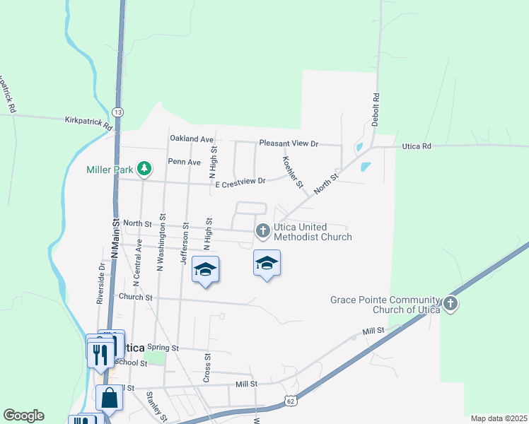 map of restaurants, bars, coffee shops, grocery stores, and more near 16 Greenbriar Drive in Utica