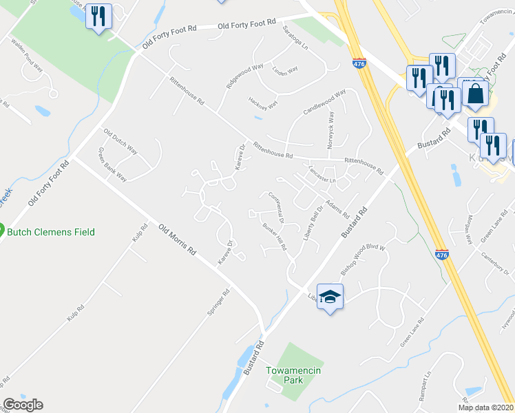 map of restaurants, bars, coffee shops, grocery stores, and more near 403 Monroe Drive in Harleysville