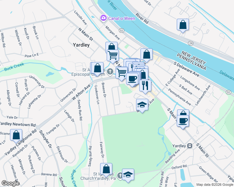 map of restaurants, bars, coffee shops, grocery stores, and more near 27 Cadwallader Court in Yardley