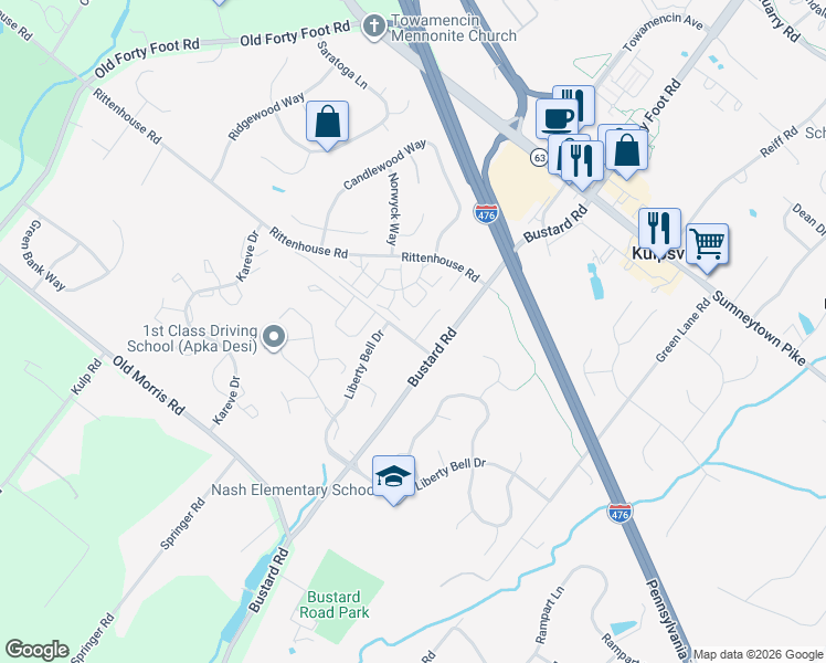 map of restaurants, bars, coffee shops, grocery stores, and more near 100 Sunset Way in Harleysville
